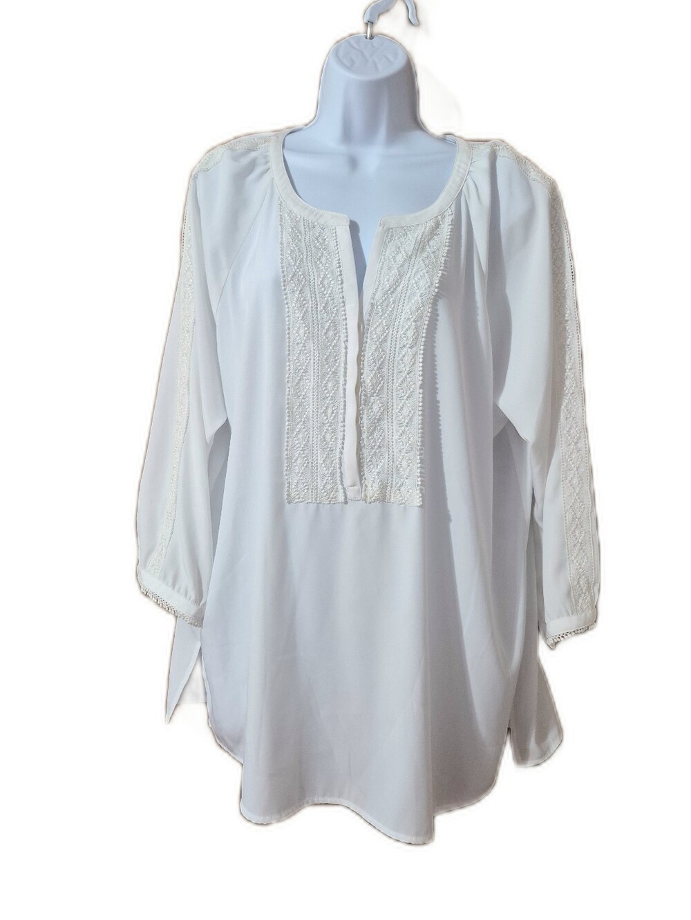 Chico's White Embroidered Split-Neck Silky Button Up Blouse Lace Detailing NWT